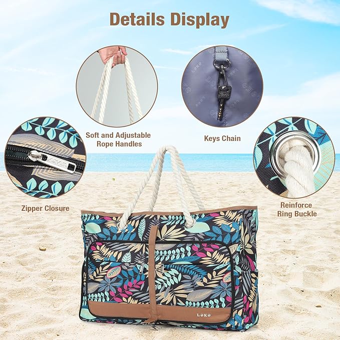 Beach Bag for Women - 35L Large Tote Bag, Waterproof & Sandproof, Zippered Carry On Bag for Pool, Beach & Travel