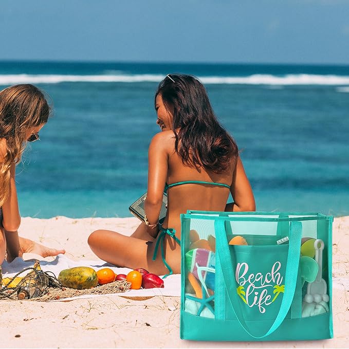 Reusable Large Beach Bags With 2 Pockets & Zipper, Lightweight Beach Tote for Poolside, Trip/swim