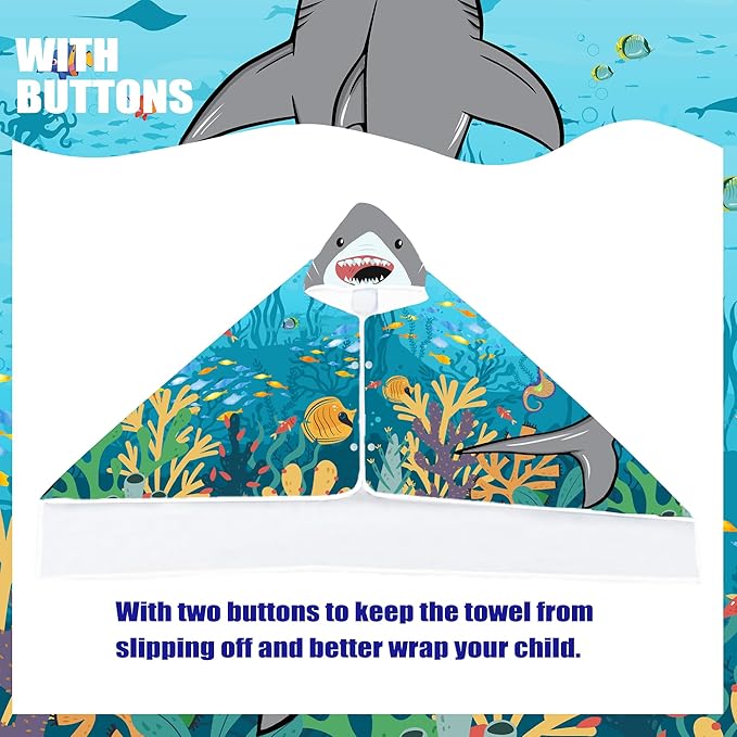 Shark Hooded Beach Towel for Boys, Soft & Absorbent Shark Poncho Towel for Kids, Cool Ocean Animal Design, 30”x50” Blue Shark Hooded Bathrobe for Pool, Swim, and Bath Time