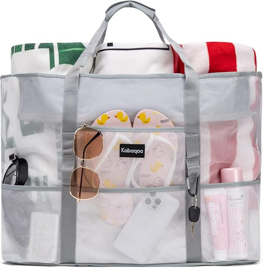 KABAQOO Mesh Beach Bag, Extra Large Beach Bags with 9 Pockets & Zipper Waterproof Lightweight Beach Tote for Beach/Pool Trip | Extra Large, 9 Pockets, Zipper, Waterproof, Lightweight, Beach/Pool Trip