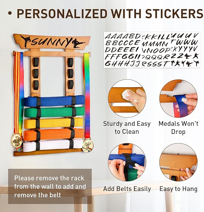 Tilhumt 8 Belt Karate Belt Display Rack with Medal Hanger and Stickers, Taekwondo Belt Display Holder, Martial Arts Belt Display Organizer for Adults, No Assembly Required (Bamboo/Acrylic)