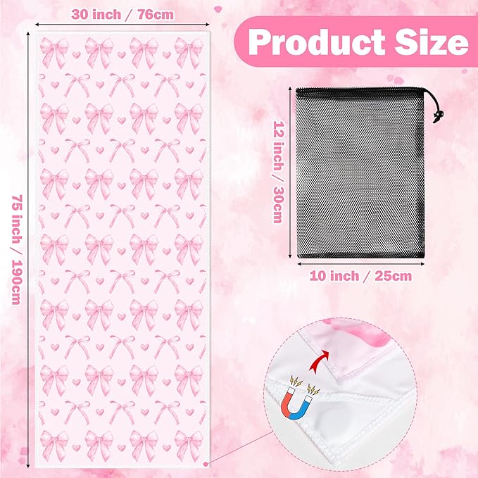 Coquette Pink Bow Magnetic Beach Towel - 75"x30" Sand Free Quick Dry Microfiber Towel with Built-in Magnets Lightweight for Beach Chair Car Door Pool Travel Camping Yoga with Storage Bag