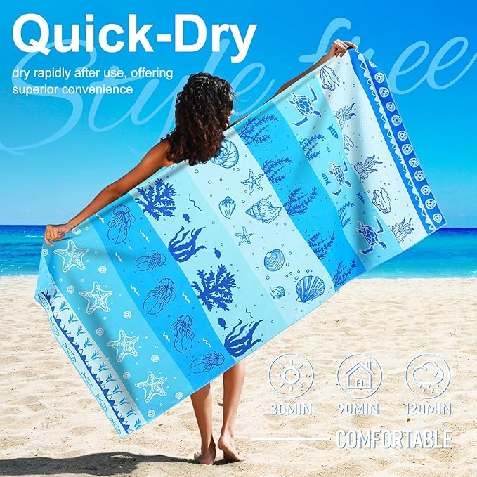 Lightweight Thin Microfiber Beach Towel Oversized Quick Dry Compact Sandproof Clearance Towels Sand Free Camping Swimming Pool Easy Pack Travel Accessories Essentials Women Adults Starfish Conch