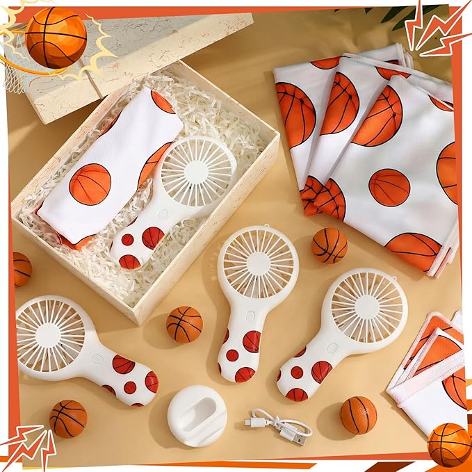 Woanger 24 Pcs Basketball Cooling Towels and Fans Sets Mini Handheld Fans Bulk 3 Speeds USB Lash Towel for Sporting Basketball Gifts for Team Games Party Favor