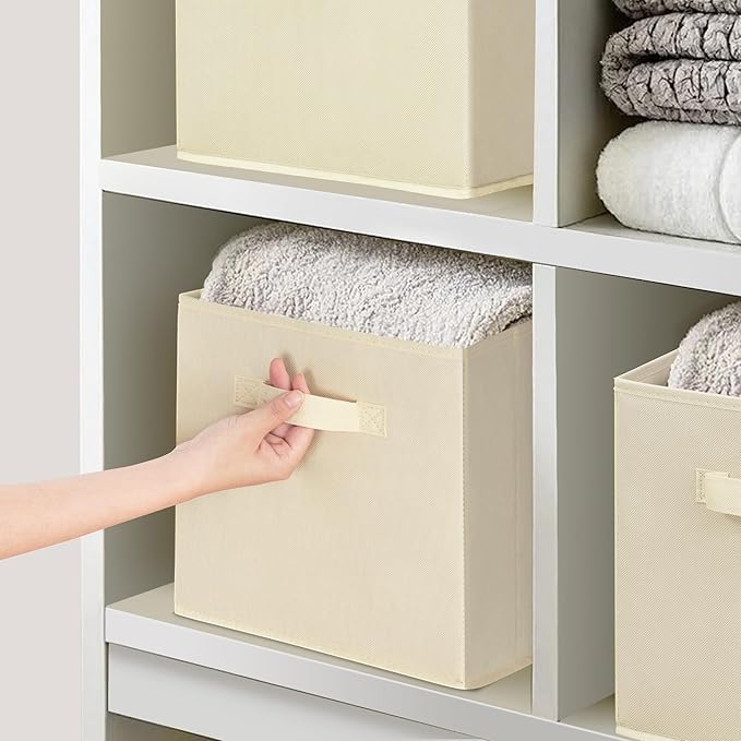 11 Inch Fabric Storage Cubes, Sturdy Foldable Storage Bins, Heavy Duty Cube Organizer for Clothes, Blankets, Shelves, Closets, Bedroom, Living Room, Beige, 3 Pack