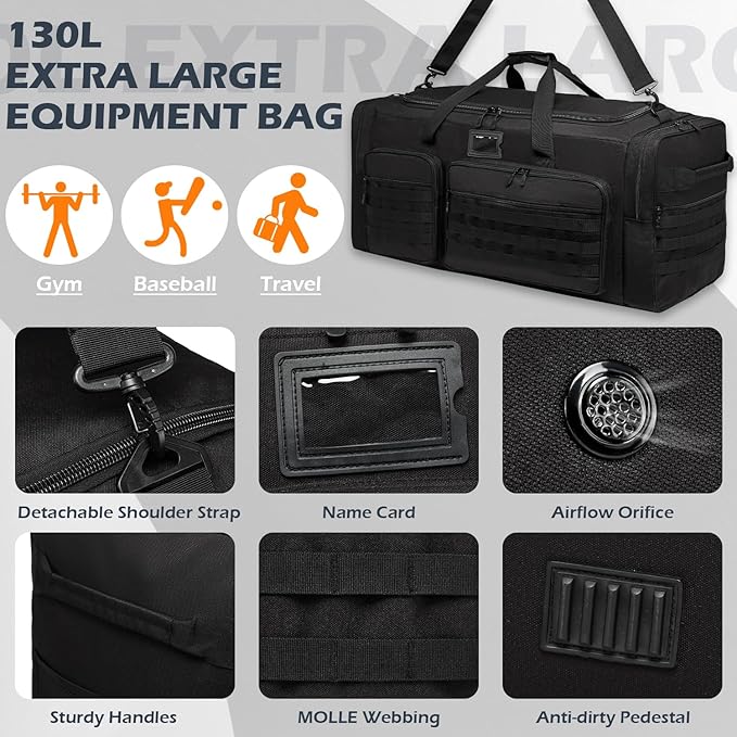 135L Large Duffle Bag, Heavy Duty Duffle Bag for Travel, Extra Large Sports Gym Equipment Bag for Soccer Baseball Basketball Hockey Football, Black