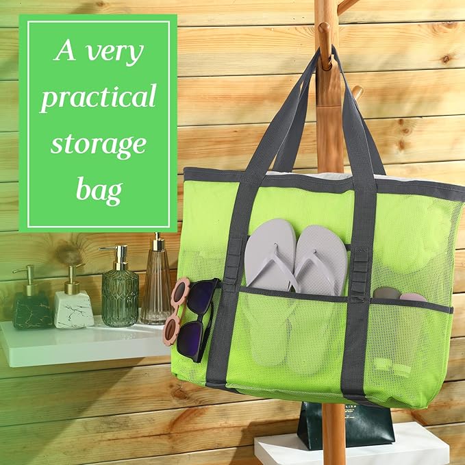 Hillban Large Beach Mesh Bags Bulk for Women Beach Tote Bag with 8 Pocket Zipper Waterproof Sandproof for Pool Cruise Ship