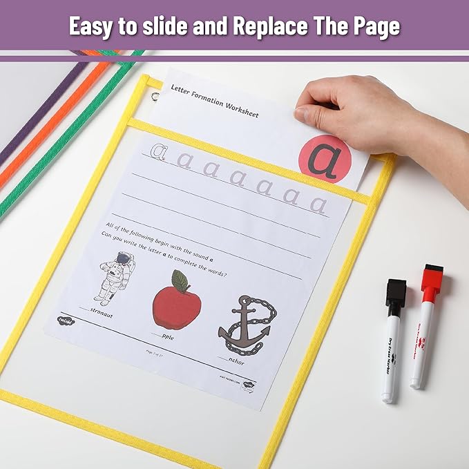 Mr. Pen Dry Erase Pocket Sleeves, 6 Pack, 10x14 inches, Multicolored Border, Plastic, Reusable Dry Erase Sheet Protectors