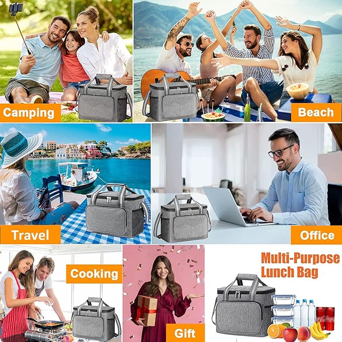 Ozzwolle Insulated Cooler Bag for 24Can (15L) Reusable Thermal Bag Leakproof Freezable Cooler Bag Organizer with Adjustable Shoulder Strap for Women Men Office Work Picnic Hiking Beach
