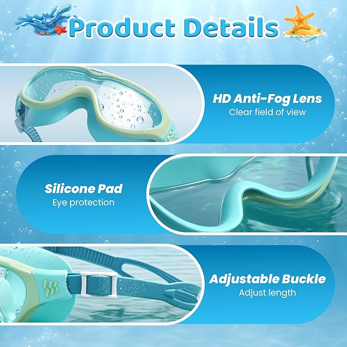 Kids Swim Goggles for Kids 6-14, Anti-Fog & UV400 Lens, Comfortable Silicone Design, Includes Nose Clip & Earplugs