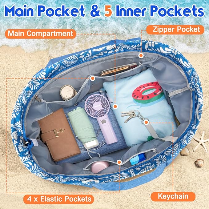 BKNOOU Extra Large Beach Bags Waterproof Sandproof XL Beach Tote Bag for Women Zipper Foldable Swim Pool Bag with Wet Pocket