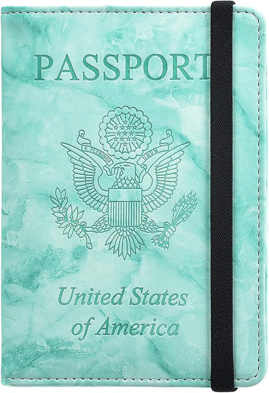 HerriaT Marble Leather Passport Holder Cover Case RFID Blocking Travel Wallets Card Case for Women Men(Green)