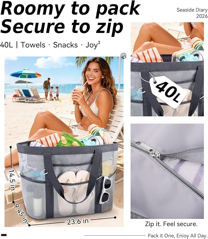 2026 Chic & Spacious XX-Large Beach Bag for Women — Mesh × Canvas Tote with Top Zipper, 11 Pockets, Detachable Pouch | 40L+ Spacious, 11 Tall Pockets, Zipper Pouch, Secure Zip-Top, Sand-Resistant Base