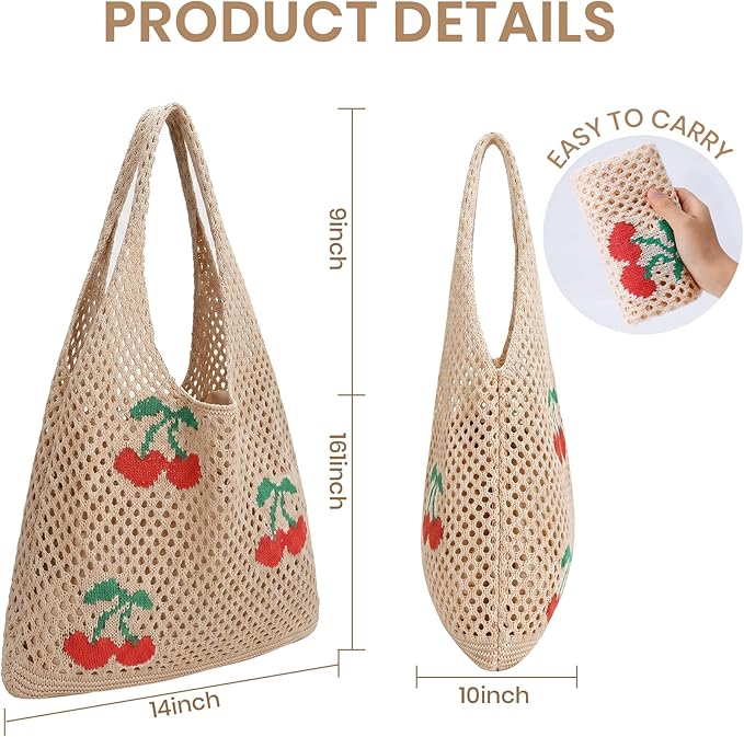 SUOSDEY Crochet Mesh Beach Tote Bag, Knit Summer Vacation Aesthetic Boho Tote Bag for Women