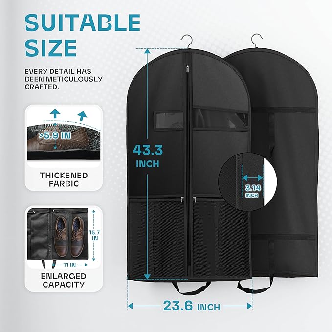 43" Travel Garment Bag with Accessories Zipper Pocket, Heavy Duty Suit Bag for Suits, Tuxedos, Dresses, Coats, Black, 1 pack