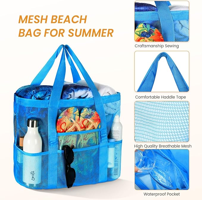 Tavaleu Mesh Beach Bag - Large Beach Tote with Multi Functional Pockets for Family Travel/Vacation
