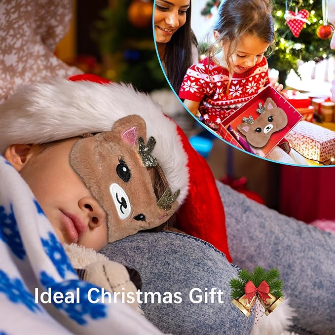 Cute Reindeer Plush Sleep Mask - Golden Deer Eye Mask, Fluffy Soft, Blindfold, Travel for Kids, Girls and Adults - Gold