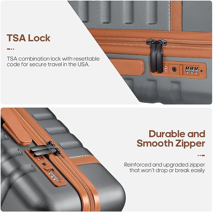 UKEIN Luggage Sets 3 Piece, PC Hardside Large Luggage 24 Inch With Spinner Wheels with TSA Lock, Carry On Suitcase Set With Travel Backpack (Grey, 3 piece set (24inch))