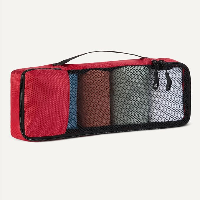 Amazon Essentials 4-Piece Space-Saving Packing Cubes Travel Accessories Set, Luggage Organizer with Double Zipper, Mesh Top, 100% Polyester, Slim, Red (Previously Amazon Basics)