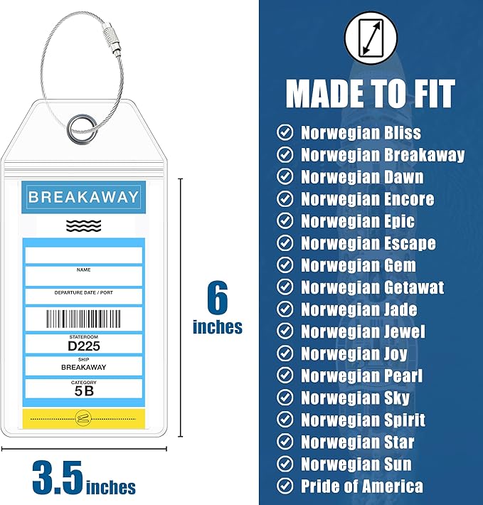 Cruise On Norwegian Luggage Tag Holders (4 Pack) & Lanyards (2 Pack) – Large, Clear, Waterproof Cruise Essentials 2026-2027 – Secure Ship Tags & Cards (Royal Blue)