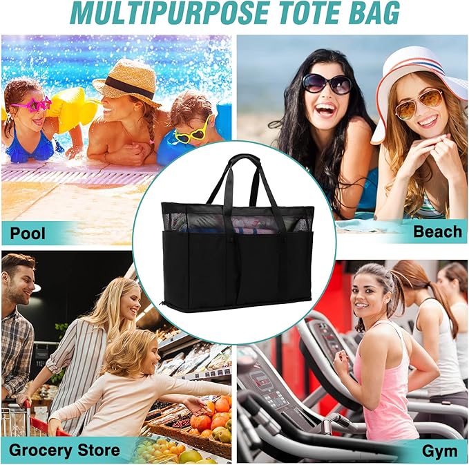 Large Beach Bag with Zipper, 12 Pockets Waterproof Sandproof Pool Bag Womens Mesh Beach Tote Bag for Travel Vacation