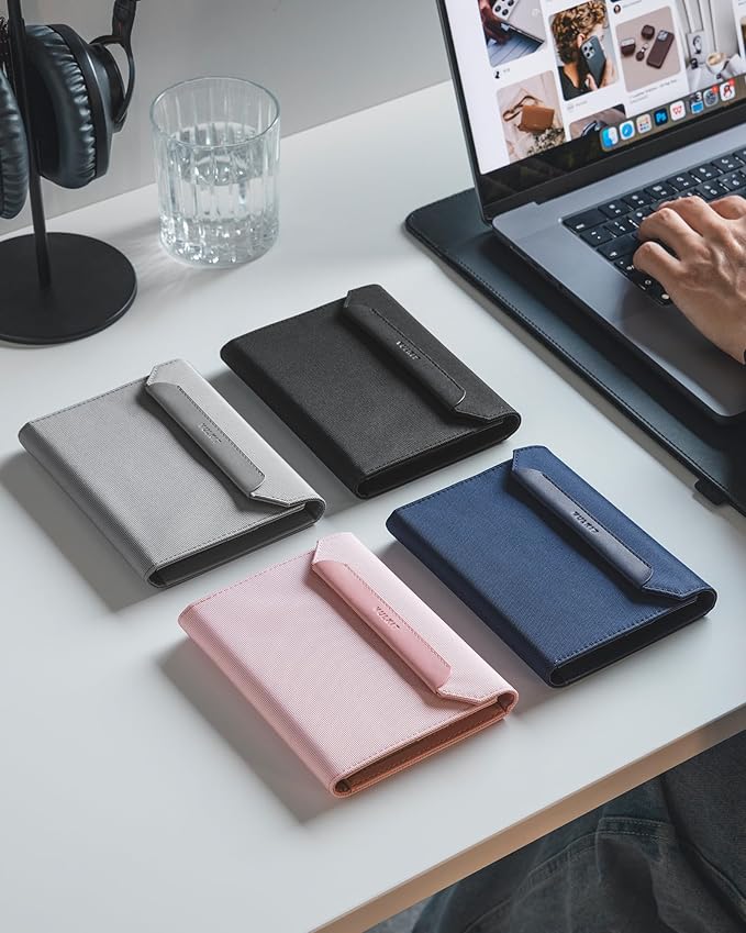VULKIT Passport Wallet with Detachable AirTag Holder, Vegan Leather Passport Holder, RFID Blocking, Travel Essential, Magnetic Closure, Grey