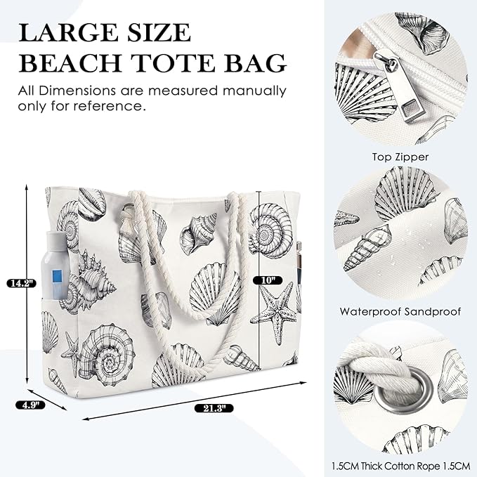 Pleneal Beach Bags For Women - Large Beach Bags with Zipper Waterproof Sandproof Swim Pool Beach Bag