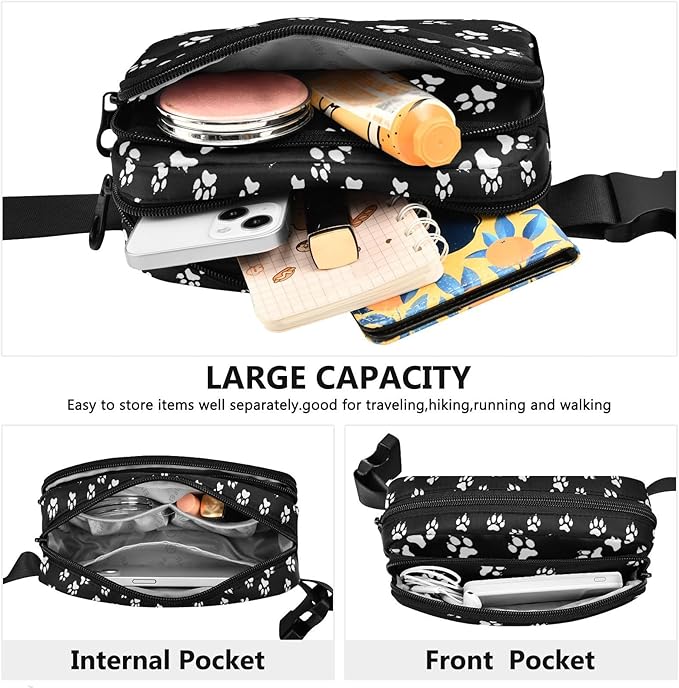 Black and White Animal Paw Fanny Pack for Women Men Water Resistant Fashion Waist Packs with Adjustable Strap Belt Bag for Travel Workout Jogging Hiking 21218274