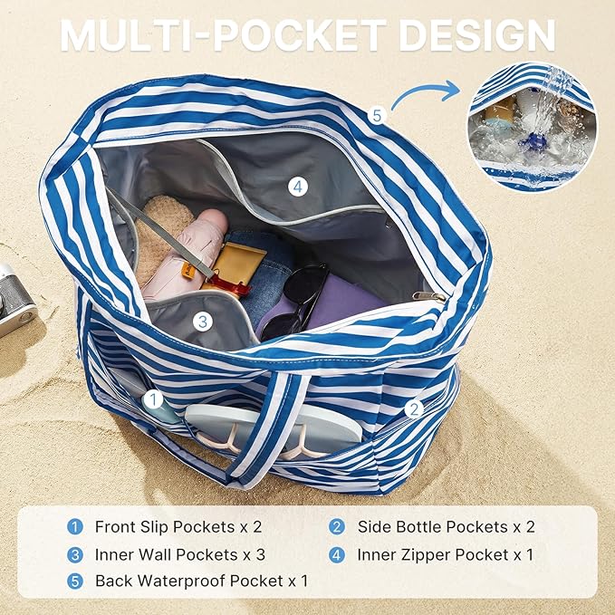 G4Free XL Beach Bag Waterproof Sandproof, Large Foldable Beach Tote with Zipper for Women, Pool Travel Swim Grocery Tote Bag