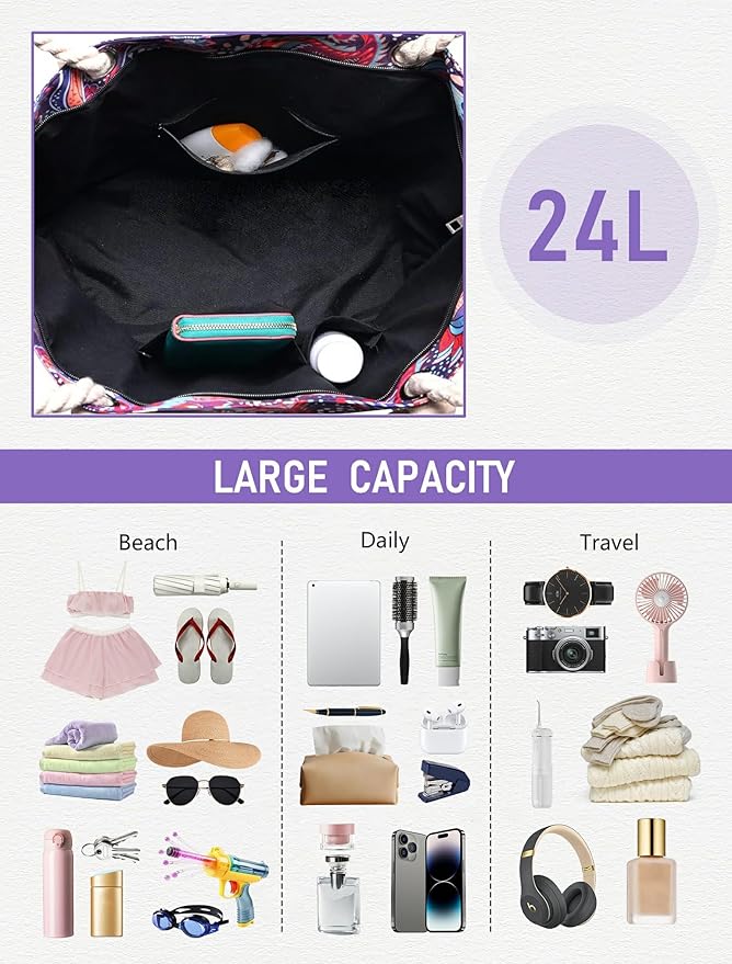 TESALATE Large Canvas Beach Tote Bag Waterproof Sand proof for Women Her Swim,Travel,Shopping,Gym,Cruise Essentials Gear