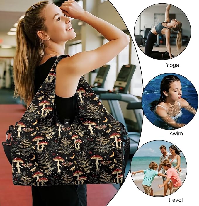 Mushroon Forest Butterfly Womens Gym Bag with Shoes Compartment Lightweight Carry On Bag Travel Luggage Sports Workout Swim Beach Weekender Overnight Bags for Women Gifts