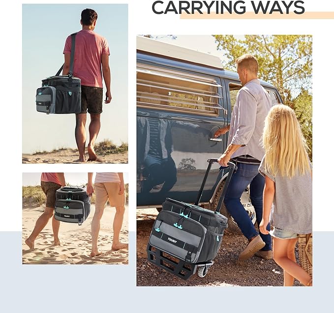 TOURIT 48 Can Collapsible Cooler with Wheels, Insulated Rolling Cooler with All-Terrain Cart, Waterproof Soft Sided Cooler Bag for Beach, Picnic, Camping, Shopping, Travel