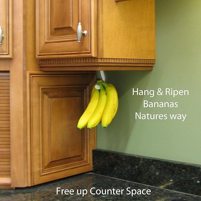 Gadjit Banana Hook Hanger Under Cabinet Hook Ripens Bananas with Less Bruises,Hang Other Lightweight Kitchen Items,Folds Up Out of Sight When Not in Use, Self-Adhesive+Pre-drilled Screw Holes (White)