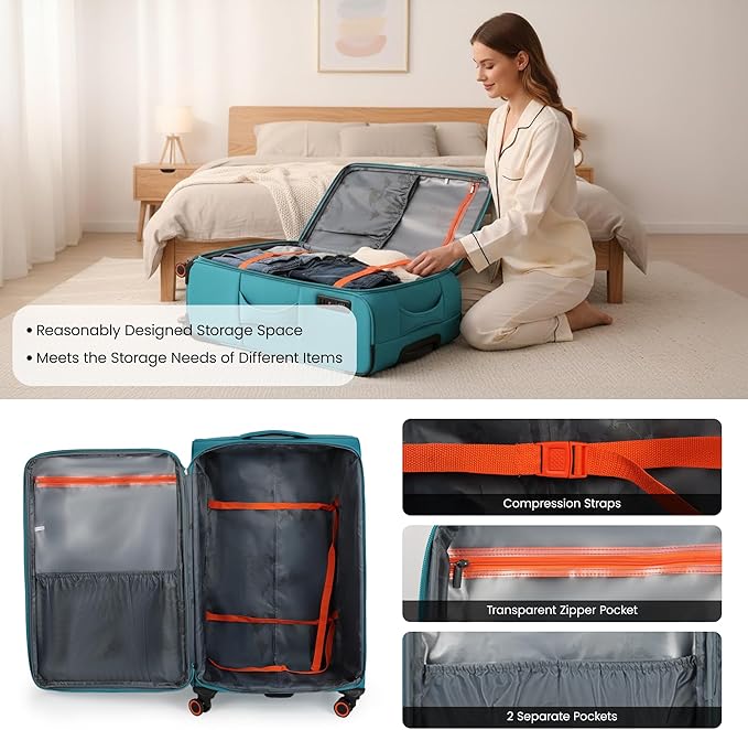 3-Piece Softside Expandable 20% Luggage Set with Front Open Pocket,Softside Suitcases w/Spinner Wheels,Lightweight Durable Rolling Luggage w/TSA LOCK（SkyBlue,22in/28in/32in）
