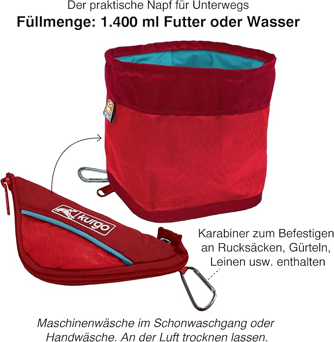 Kurgo Zippy Bowl for Dogs, Collapsible Travel Dog Bowls, Pet Food & Water Hiking Container, Food Grade Silicone, Travel Accessories for Pets, Includes Carabiner, Holds 48 oz (Barn Red)