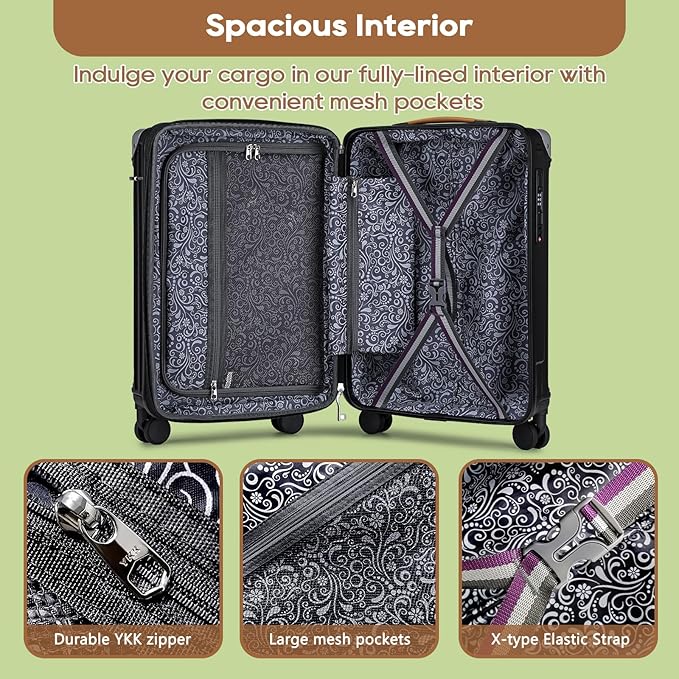 Joyway 5 Piece Luggage Set with Cup Holder, Expandable 25% Capacity, Includes Handbag, Anti Slip Wheels, Hook, Smart Carry On Suitcase for Men and Women, Spinner Travel Black
