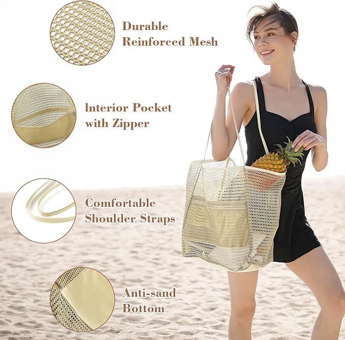 Tavaleu Mesh Beach Bag, Beach Bags for Women, Woven Straw Beach Tote Bag Waterproof with Inner Pocket, Packable Beach Bag