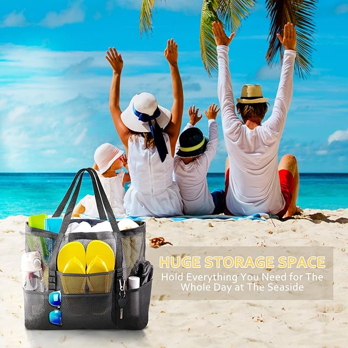 SRISE Mesh Beach Bag - Large Beach Tote Bag for Family Beach Bag for Toys & Vacation Essentials