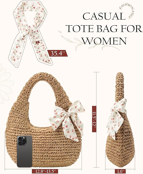 Beach Bags for Women - Handmade Straw Clutch Purses for Women Handbag Zip Closure Tote Bag Lightweight