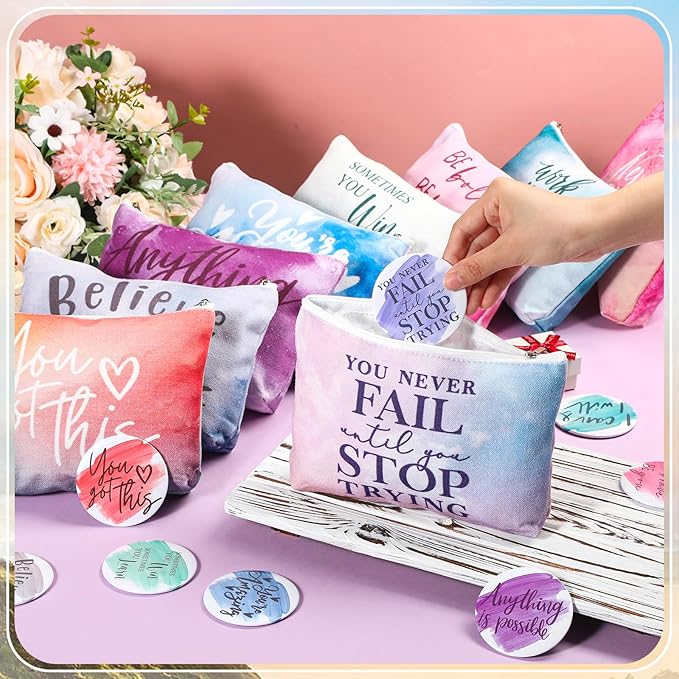 20 Pcs Employee Appreciation Gifts For Women Inspirational Canvas Makeup Bags Portable Compact Mirror Bulk Cosmetic Bags Thank You Gifts for Social Worker Coworkers (Motivation,Pastel)