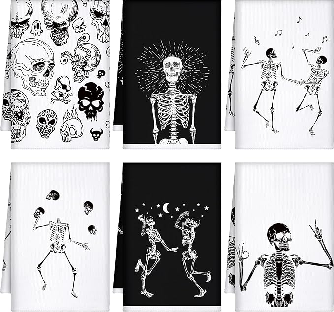 Bencailor 6 Pcs Skull Kitchen Towels Skeleton Dish Hand Towels Black White Gothic Spooky Skull Tea Washcloth for Bathroom Kitchen Goth Horror Decor Gifts 24 x 16''
