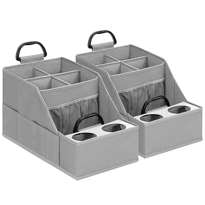 Car Seat Organizer Backseat Front Seat, Car Organizer With 12 Storage Compartments 2 Cup Holders, Snack Storage For Kids Baby, SUV Truck Van Collapsible Storage Bag For Travel, GY, 2PK