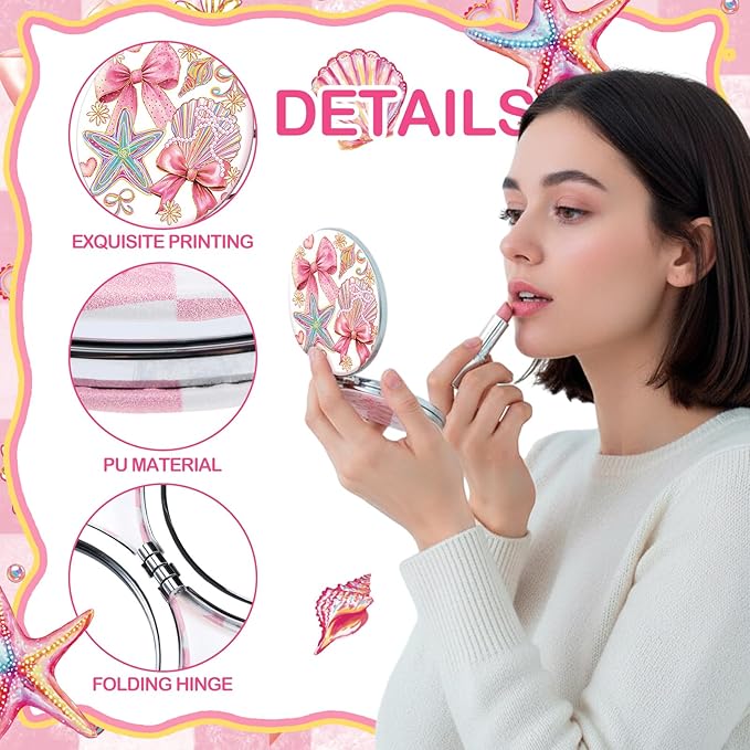 Weysat 9 Pcs Pink Seashell Bow Compact Mirrors Double Sided Magnifying Makeup Mirrors with PU Leather Case Portable Pocket Mirror for Women Girl Mother's Day Wedding Bridesmaids Gifts