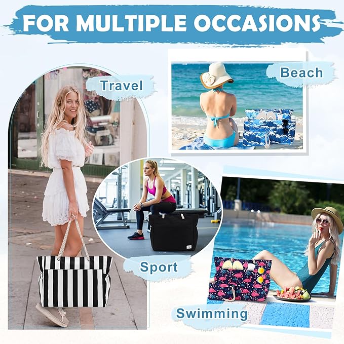 Kasqo Beach Bags for Women, Large Waterproof Beach Bag Tote Zipper Swim Pool Bag with Small Pouch for Grocery Travel Vacation