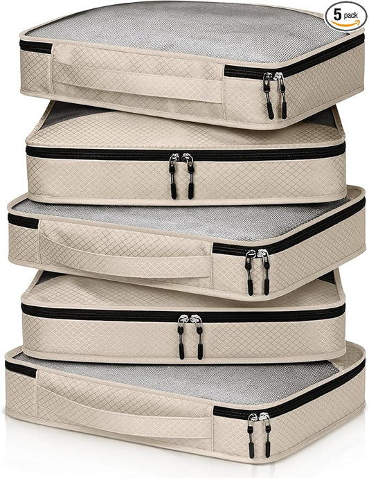 5 Pcs Packing Cubes for Suitcase Large Travel Cubes Carry on Luggage Organizer Bags for Clothes Accessories(L,Khaki)