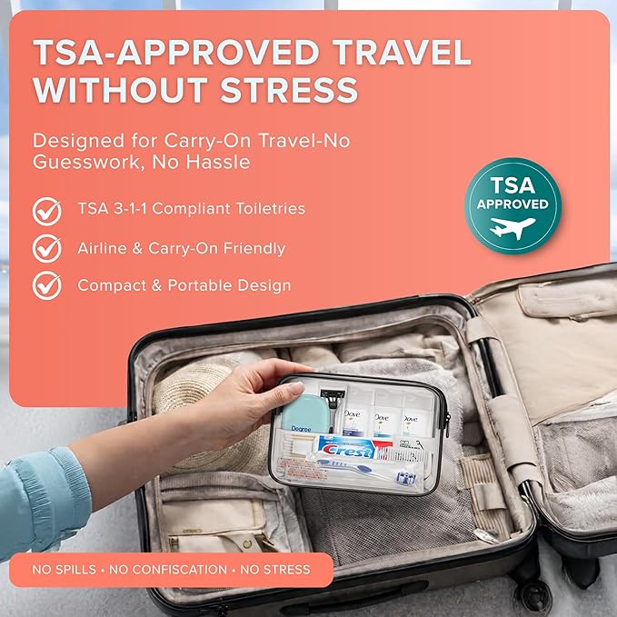 Trektote 12-Piece Women’s Travel Hygiene Kit with Toiletries & Grooming Essentials, TSA-Compliant, Clear Cosmetic Bag, Available in Bulk