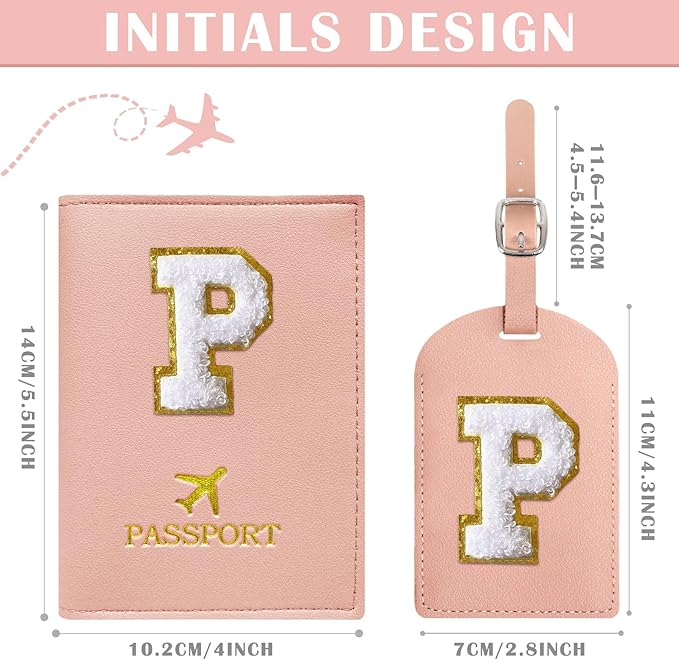 COSHAYSOO Passport Cover and Initial Luggage Tag Set with Preppy Chenille Letter Patch, Trendy Traveling Bag Backpack Suitcase Identifier Stocking Stuffer Gifts for Women Girls Pink P