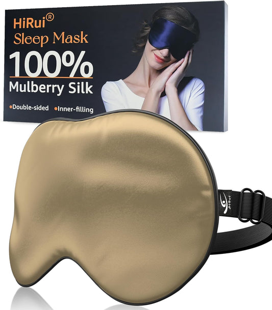HiRui Silk Sleep Mask, 100% Natural Mulberry Silk of Double-Sided & Inner-Filling, Ultra-Smooth Soft, Adjustable Strap, Blocks Light for Night Sleeping, Travel, Office Naps (Khaki)