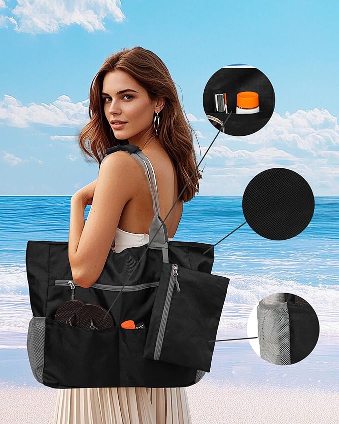 Beach Bag-Waterproof Sandproof Beach Totes with zipper Large Capacity Foldable for Women