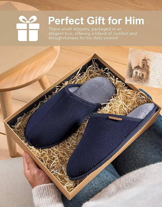 VeraCosy Men's Corduroy Scuff Slippers Soft Comfy Memory Foam Non-slip Indoor House Shoes